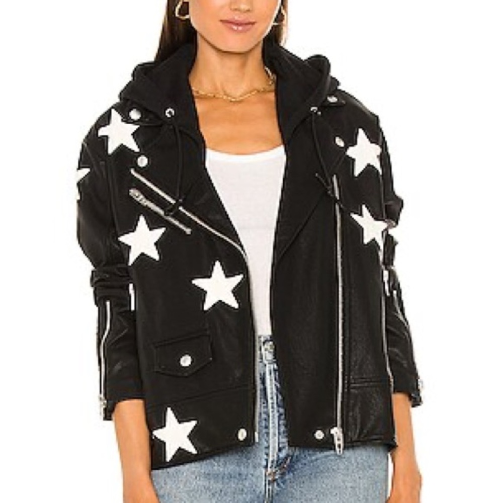 Blank NYC Star Patched Black Faux Leather Moto Jacket Sz X-Small XS